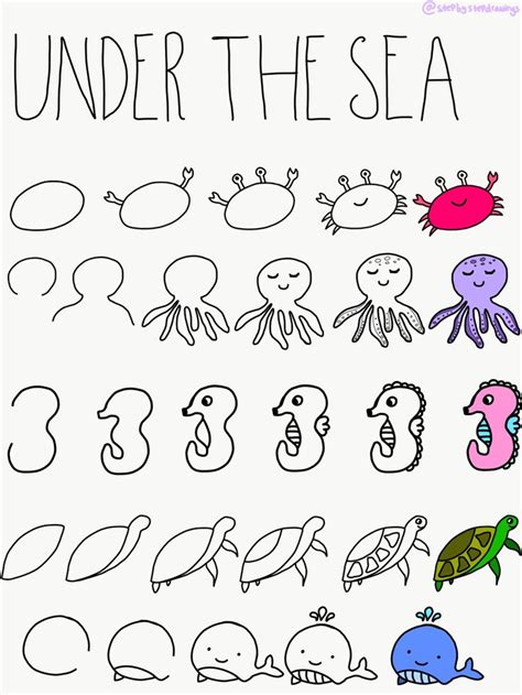 Step by step how to draw ocean animal doodles | Easy doodle art, Easy doodles drawings, Easy ...