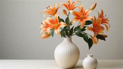 Premium Photo | Bouquet of beautiful red lily flowers in slim white ceramic vase on wooden table ...