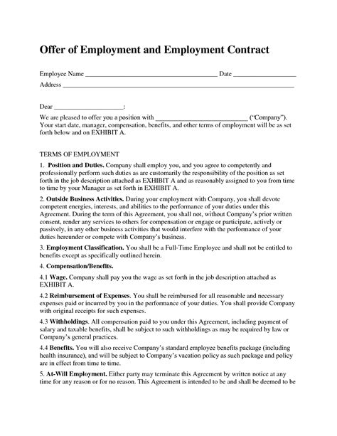 Free Printable Employment Contract Sample Form (GENERIC)