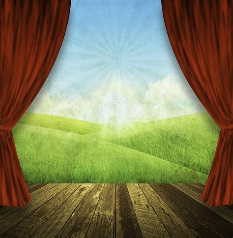 Theater Stage With Red Curtains And Nature Background Painting ...