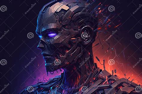 Scary Humanoid Robot, Menacing Look, Glowing Eyes Concept. AI Dystopia ...