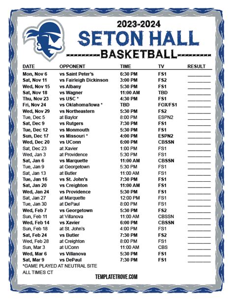 Printable 2023-2024 Seton Hall Pirates Basketball Schedule