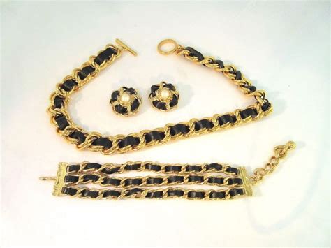 Joan Rivers Black Leather Woven Gold Tone Chain Set Necklace Bracelet ...