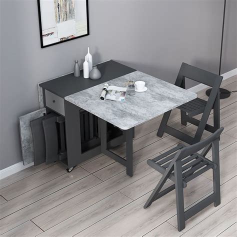 Gray Rectangle Wood Drop Leaf Folding Dining Table with Storage