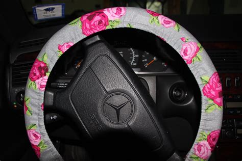 Steering Wheel Cover . Pink Flowers Wheel Cover. Gray and Pink