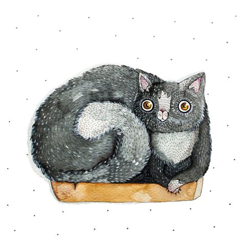 Black Cute Cat in Box Art PRINT Pet Portrait Watercolor - Etsy