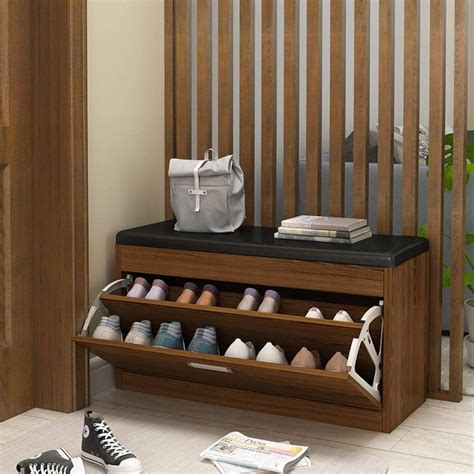 SHOESBENS Shoe Rack Storage Bench Wood with Removable Seat Cushion Shoes Hallway Bedroom Door ...