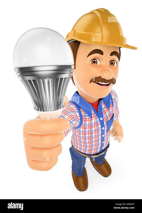 3d working people illustration. Electrician with a led light bulb. Isolated white background ...