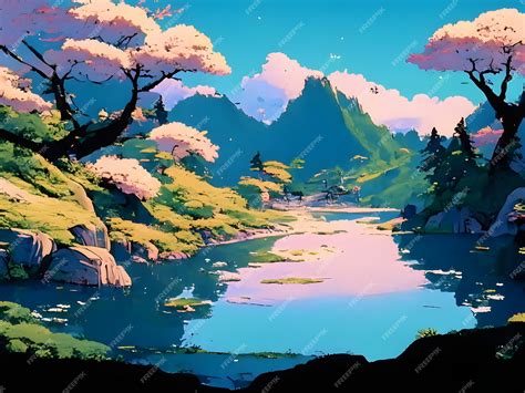 Premium AI Image | Anime river landscape scenery