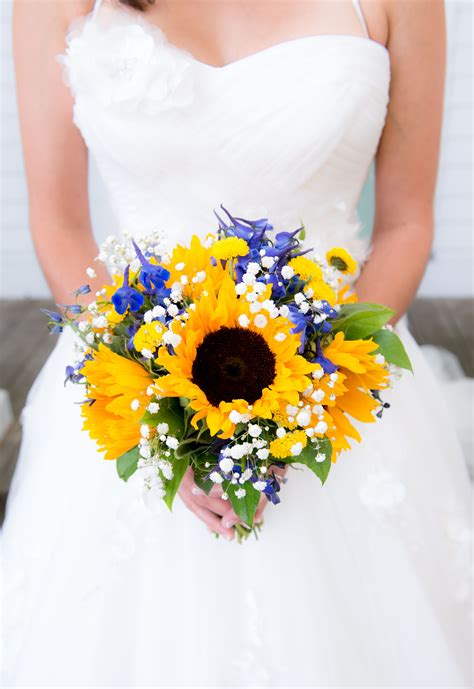 Sunflower Bridal Bouquet with Accents of Royal Blue