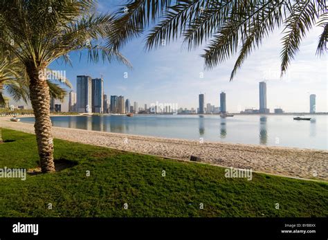 Skyline of Sharjah City, Emirate of Sharjah, United Arab Emirates, Middle East, Southwest Asia ...