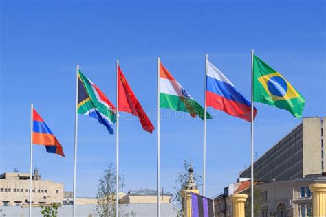 Flags of BRICS Countries on a Sunny Summer Morning Against Blue Sky Stock Image - Image of ...