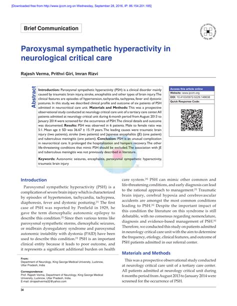 (PDF) Paroxysmal sympathetic hyperactivity in neurological critical care