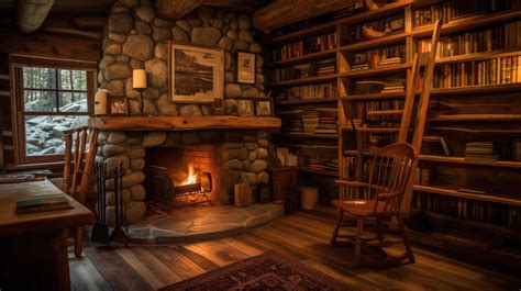 a cozy desktop wallpaper featuring a fireplace and bookshelves in a rustic cabin --ar 16:9