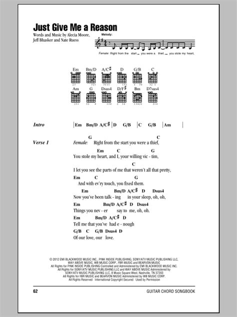 Just Give Me A Reason sheet music by Pink featuring Nate Ruess (Lyrics ...