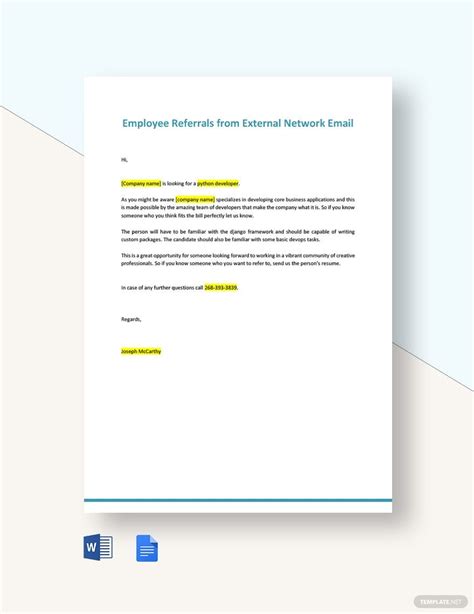 Employee Referrals from External Network Email Template in Word, Google Docs, PDF - Download ...