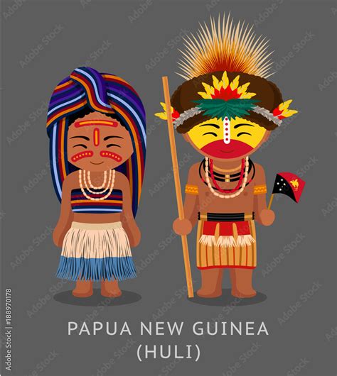 Papua New Guinea. Huli tribe. People in national dress with a flag. Man ...