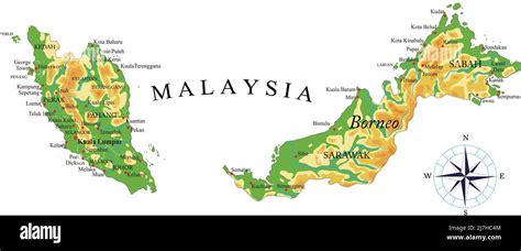 Highly detailed physical map of Malaysia,in vector format,with all the relief forms,regions and ...