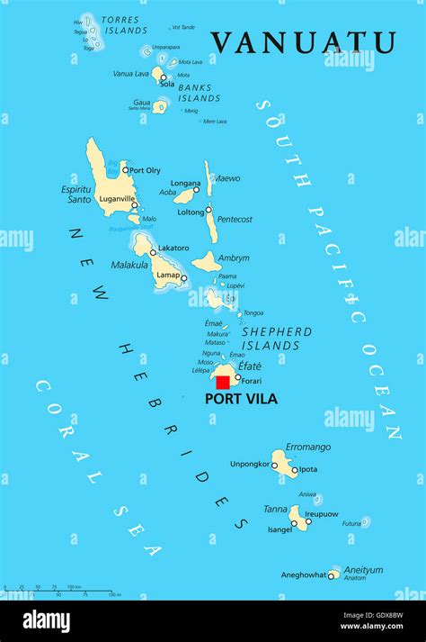 Vanuatu political map with capital Port Vila. Republic and island nation in South Pacific Ocean ...