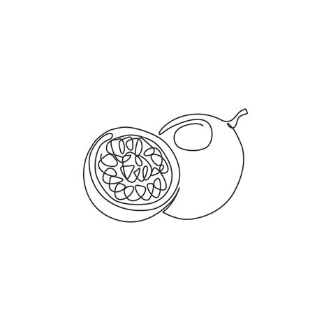 One single line drawing of whole healthy organic passion fruit for orchard logo identity. Fresh ...