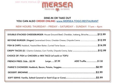 Online Menu of Mersea Restaurant, San Francisco, California, 94130 - Zmenu