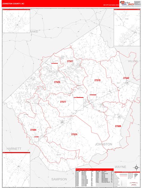 Johnston County, NC Zip Code Wall Map Red Line Style by MarketMAPS - MapSales