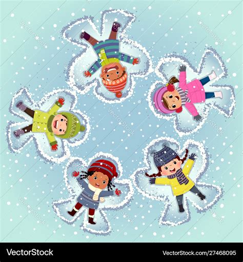 Top view kids lying and making snow angel Vector Image