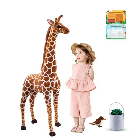 BRINJOY Giant Giraffe Stuffed Animal Set, 47 Inch Large Plush Giraffe Toy with Bird&Basket ...