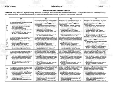 Narrative Rubric Student Version by Teach Simple