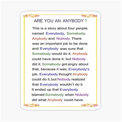 "The Story of Everybody, Somebody, Anybody and Nobody" Sticker for Sale ...