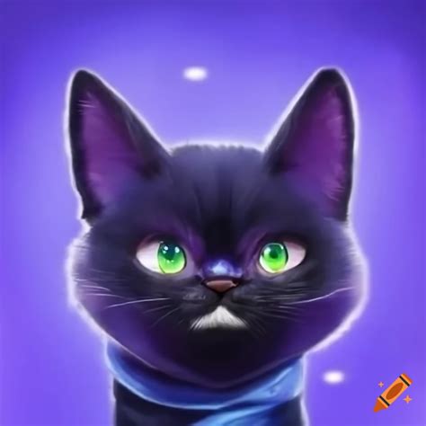 Anime-style hyper realistic drawing of a smiling purple and black cat with blue eyes on Craiyon