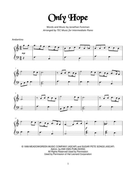 Only Hope For Piano By Mandy Moore - Digital Sheet Music For Individual Part,Sheet Music Single ...