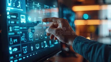 Person Pointing at Screen with Icons. Stock Illustration - Illustration ...