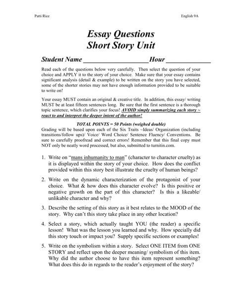 Essay Questions for Short Story Unit.doc