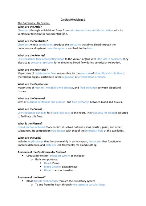 Cardiac Physiology 1 - Lecture Notes - Cardiac Physiology 1 The Cardiovascular System: What are ...