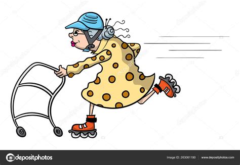 Cartoon Illustration Old Lady Speeding Her Walker Set Roller Blades Stock Vector by ©Basjan ...