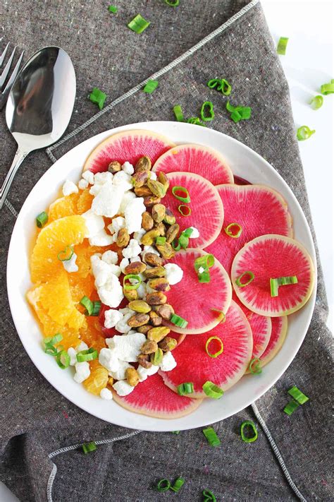 Watermelon radish orange salad with goat cheese and pistachios | Rhubarbarians