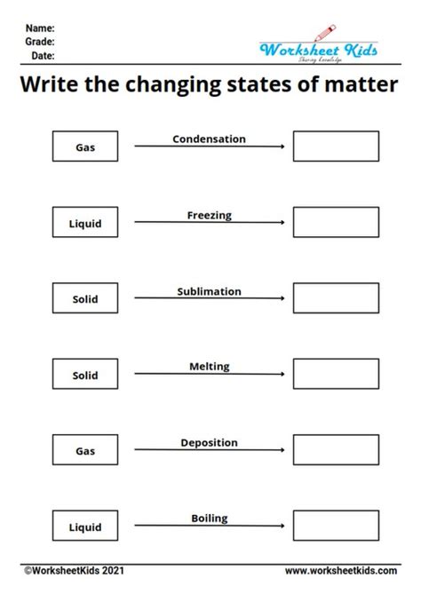 Changing states of matter worksheet for 4th and 5th grade - Free printable