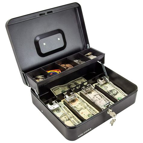 Black Steel Cash Box with Safe Key Lock | Tiered Money Coin Tray and Bill Slots | Portable and ...