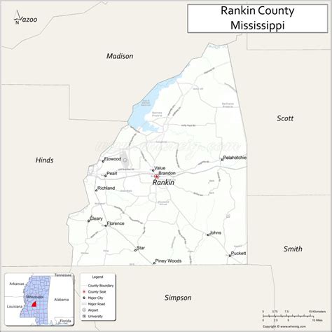 Map of Rankin County, Mississippi showing cities, highways & important ...