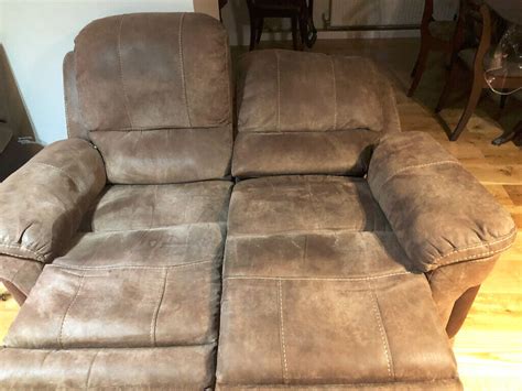 2 SEATER 2 RECLINER GREY FAUX NUBUCK LEATHER SOFA - 2 SEAT SETTEE COUCH ...