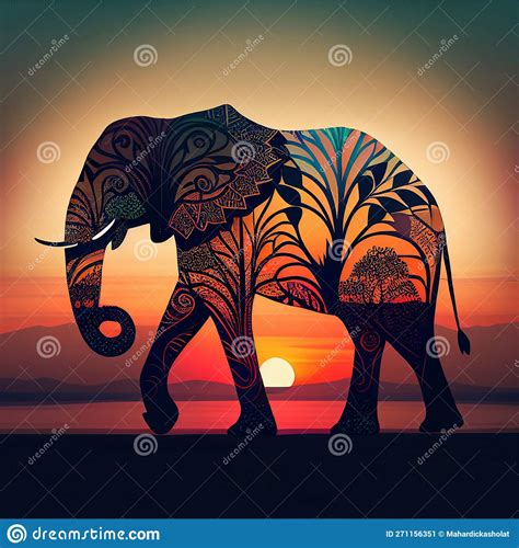 Elephant Illustration with Mandala and Intricate Texture on Sunset ...