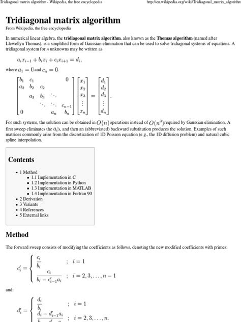 Tridiagonal Matrix Algorithm - Wikipedia | Algebra | Theoretical Computer Science