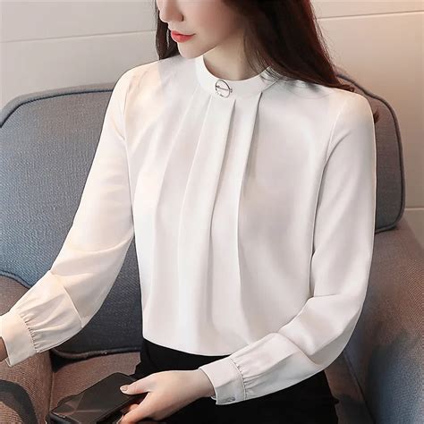 New 2019 OL Women Blouse Formal White Shirt Solid Stand Collar Pleated Long Sleeve Chiffon Shirt ...