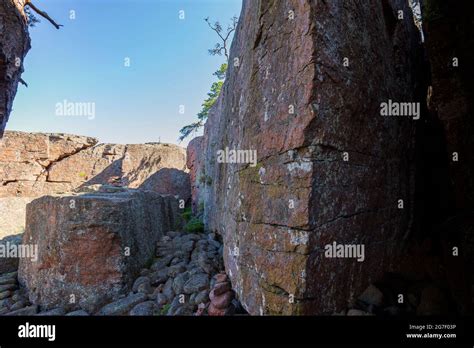 Scenic and rugged crag or cliff along the Grottstigen cave nature trail at Geta in Åland Islands ...