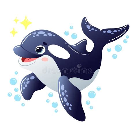 Adorable Cartoon Illustration of a Smiling Baby Orca Swimming with ...