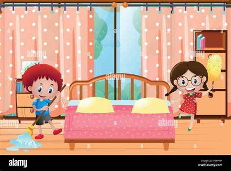 Two kids cleaning the bedroom illustration Stock Vector Image & Art - Alamy