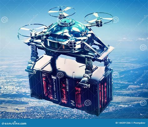 Sci-fi Drone Cargo with Container Freight Flying Above Future City. Stock Photo - Image of ...