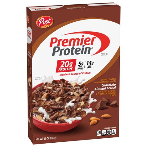 Post Premier Protein Chocolate Almond cereal, high protein cereal, protein-rich breakfast cereal ...