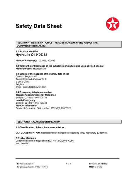 Hydraulic Oil HDZ 32 MSDS Download